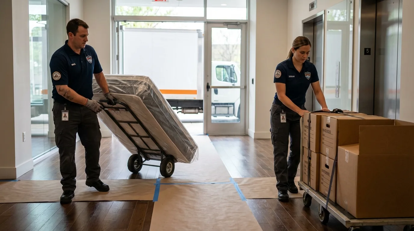 Professional apartment movers loading elevator in Jellico, TN