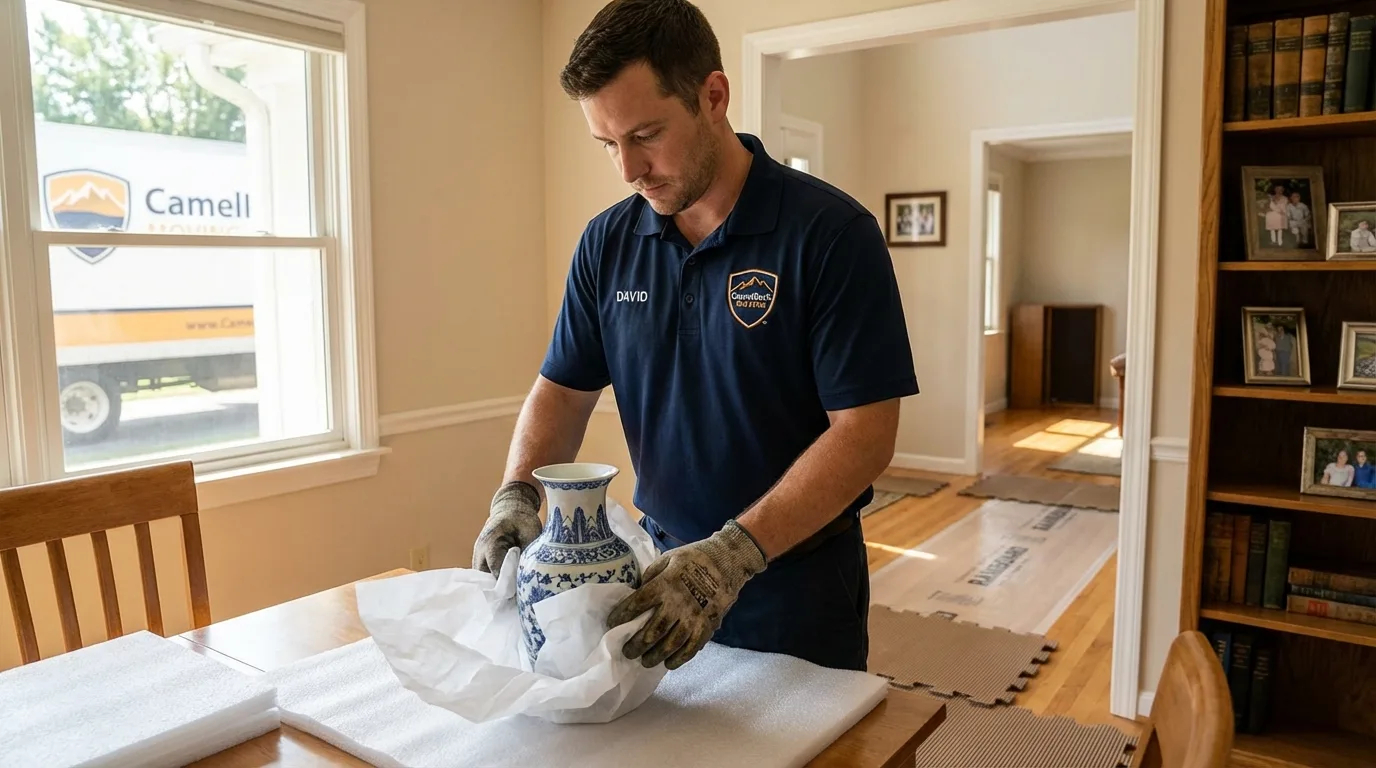 Professional crew carefully wrapping antique vase for senior downsizing move in Jellico, TN
